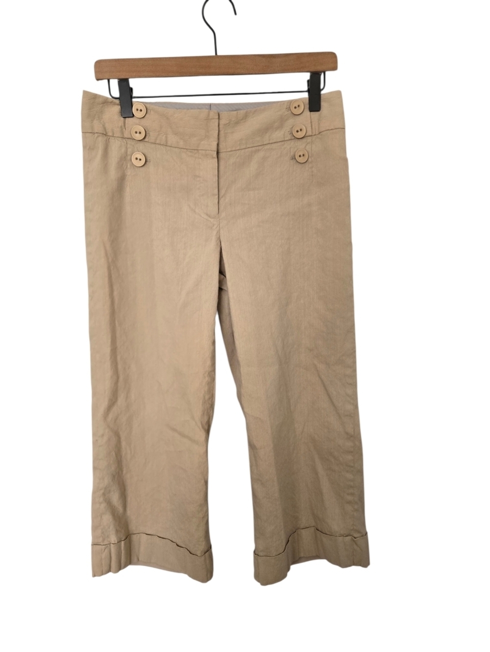 Classiques Entier Linen Blend Cropped Pants Beige Wide Leg Button Detail